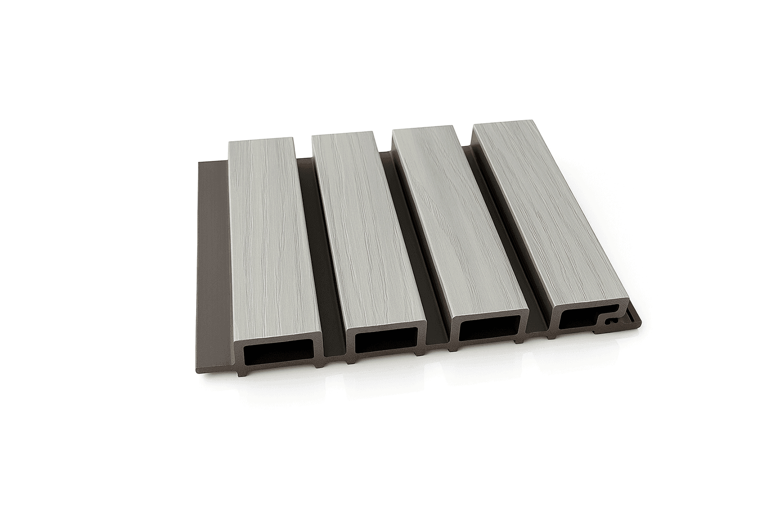 Riflaj coextrudat canelat WPC gri deschis, fond negru