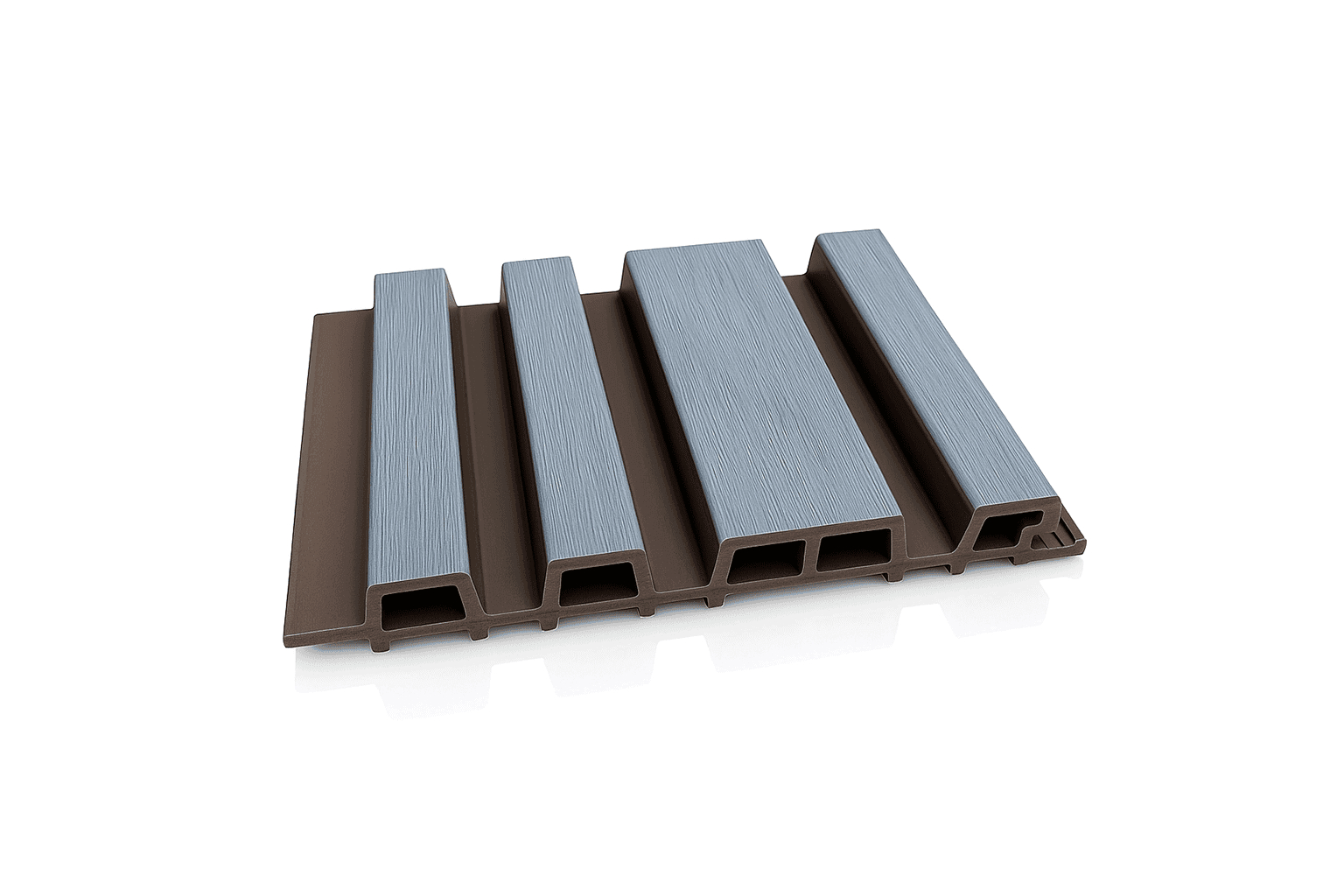Riflaj coextrudat canelat asimetric WPC gri închis, fond maro